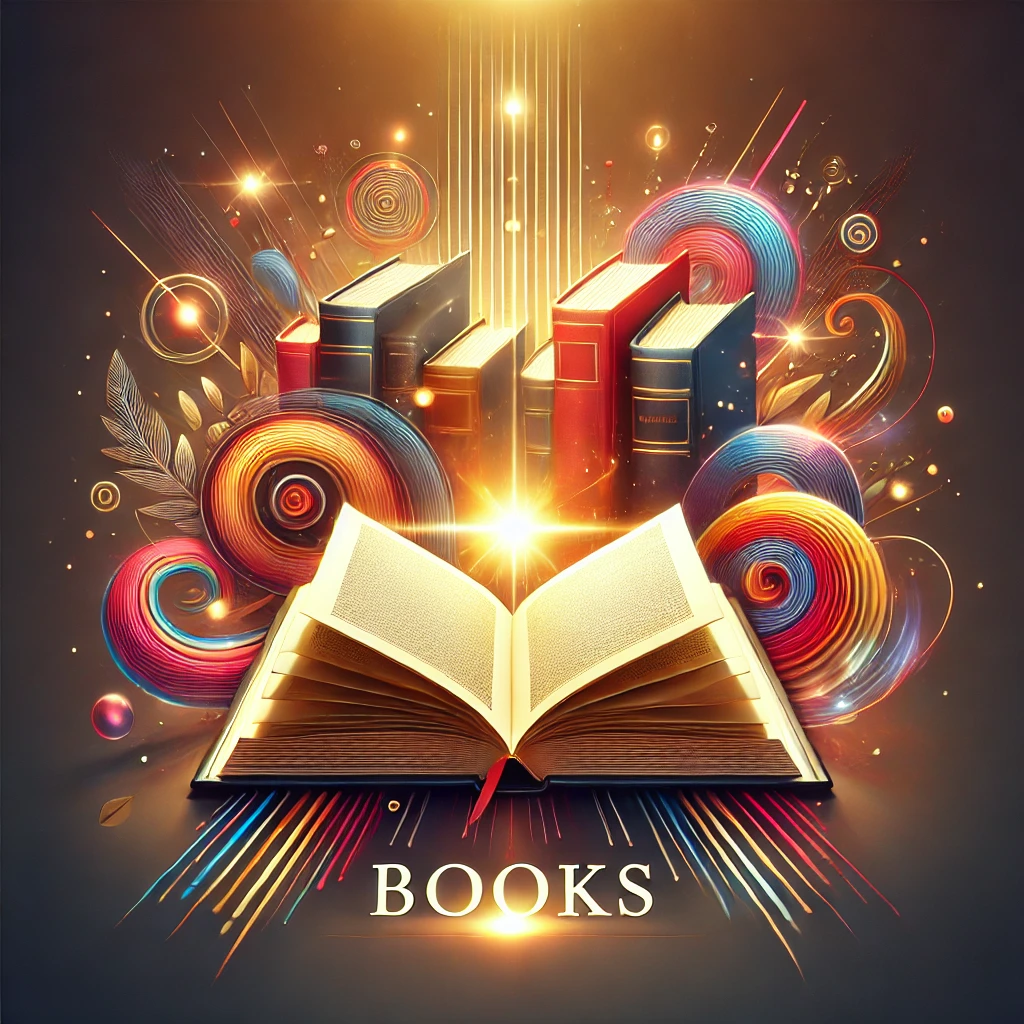 "An artistic featured image for a website's 'Books' page, depicting an open hardcover book with glowing pages surrounded by abstract light streaks and floating book covers, set against a warm and inviting background."